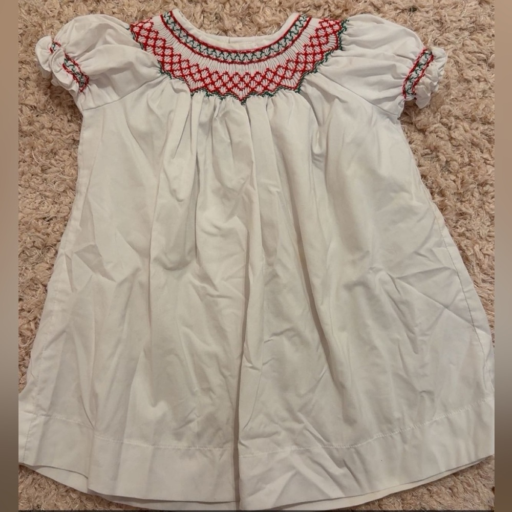 Elegant White and Red Smocked Dress
